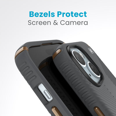 A case with phone inside with camera facing up is lying on top of a case with phone inside with screen facing up. Both are at a sharp angle clearly showing case's raised bezels around screen and camera. Text reads bezels protect screen and camera.#color_charcoal-grey-cool-bronze