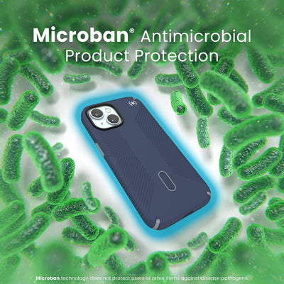 A case with phone inside is surrounded by bacteria. A blue halo around the phone keeps the bacteria away. Text reads Microban antimicrobial product protection. Microban technology does not protect users or other items against disease pathogens.#color_coastal-blue-dust-grey