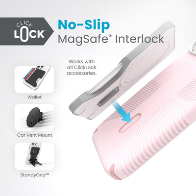 A ClickLock Wallet hovers above a ClickLock case with interlock bolt extended and arrow pointing to bolt receptacle on case. Text in image reads ClickLock No-Slip MagSafe Interlock. Works with all ClickLock accessories - Wallet, Car Vent Mount, and StandyGrip.#color_nimbus-pink-dahlia-pink