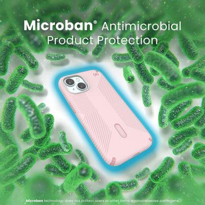 A case with phone inside is surrounded by bacteria. A blue halo around the phone keeps the bacteria away. Text reads Microban antimicrobial product protection. Microban technology does not protect users or other items against disease pathogens.#color_nimbus-pink-dahlia-pink
