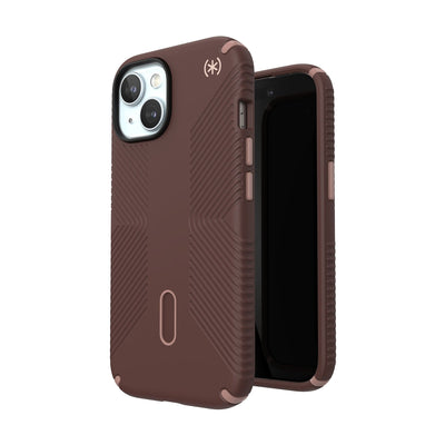 Three-quarter view of back of phone case simultaneously shown with three-quarter front view of phone case.#color_new-planet-clay-tan
