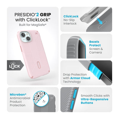 Summary of all product features such as MagSafe compatibility, ClickLock no-slip interlock, drop protection with Armor Cloud technology, Microban antimicrobial product protection, raised bezels to protect screen and camera, and smooth clicks with ultra-responsive buttons.#color_nimbus-pink-dahlia-pink
