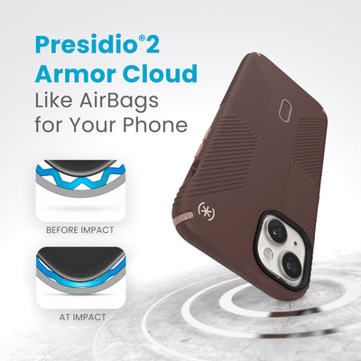 A case with phone inside hits a hard surface on the top corner. Diagrams show Armor Cloud case lining before and at impact. Text reads Presidio2 Armor Cloud. Like airbags for your phone. #color_new-planet-clay-tan