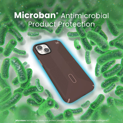 A case with phone inside is surrounded by bacteria. A blue halo around the phone keeps the bacteria away. Text reads Microban antimicrobial product protection. Microban technology does not protect users or other items against disease pathogens.#color_new-planet-clay-tan