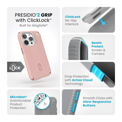 Summary of all product features such as MagSafe compatibility, ClickLock no-slip interlock, drop protection with Armor Cloud technology, Microban antimicrobial product protection, raised bezels to protect screen and camera, and smooth clicks with ultra-responsive buttons.#color_dahlia-pink-rose-copper