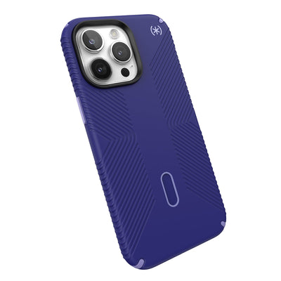 Tilted three-quarter angled view of back of phone case.#color_future-blue-purple-ink