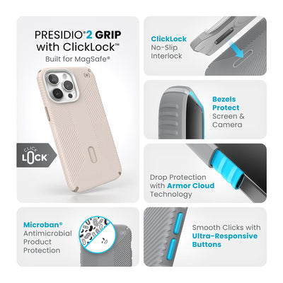 Summary of all product features such as MagSafe compatibility, ClickLock no-slip interlock, drop protection with Armor Cloud technology, Microban antimicrobial product protection, raised bezels to protect screen and camera, and smooth clicks with ultra-responsive buttons.#color_bleached-bone-heirloom-gold