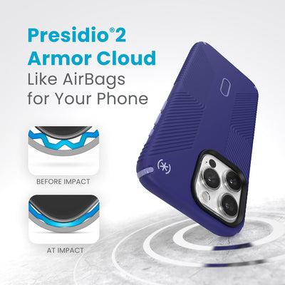 A case with phone inside hits a hard surface on the top corner. Diagrams show Armor Cloud case lining before and at impact. Text reads Presidio2 Armor Cloud. Like airbags for your phone. #color_future-blue-purple-ink