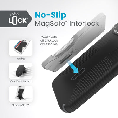 A ClickLock Wallet hovers above a ClickLock case with interlock bolt extended and arrow pointing to bolt receptacle on case. Text in image reads ClickLock No-Slip MagSafe Interlock. Works with all ClickLock accessories - Wallet, Car Vent Mount, and StandyGrip.#color_black-slate-grey
