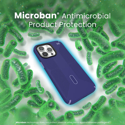 A case with phone inside is surrounded by bacteria. A blue halo around the phone keeps the bacteria away. Text reads Microban antimicrobial product protection. Microban technology does not protect users or other items against disease pathogens.#color_future-blue-purple-ink