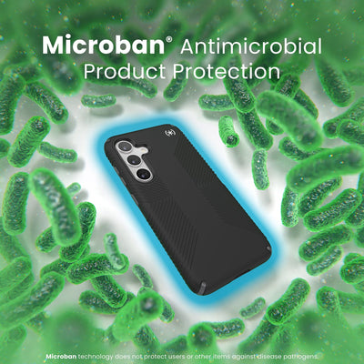 A case is surrounded by bacteria. A halo around the phone keeps the bacteria away. Text reads Microban antimicrobial product protection#color_black-slate-grey