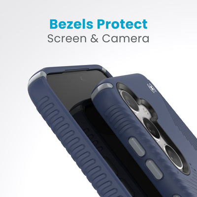 A case with camera facing up is on a case with screen facing up. Raised bezels around screen and camera are clearly visible. Text reads bezels protect screen and camera#color_coastal-blue-dust-grey