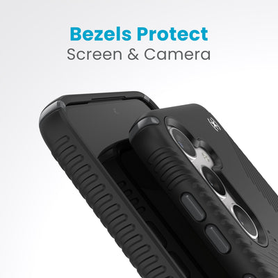 A case with camera facing up is on a case with screen facing up. Raised bezels around screen and camera are clearly visible. Text reads bezels protect screen and camera#color_black-slate-grey