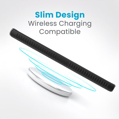 A phone is charging over a wireless charger. Text reads slim design, wireless charging compatible#color_black-slate-grey