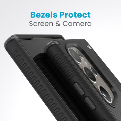 A case with camera facing up is on a case with screen facing up. Raised bezels around screen and camera are clearly visible. Text reads bezels protect screen and camera#color_black-slate-grey