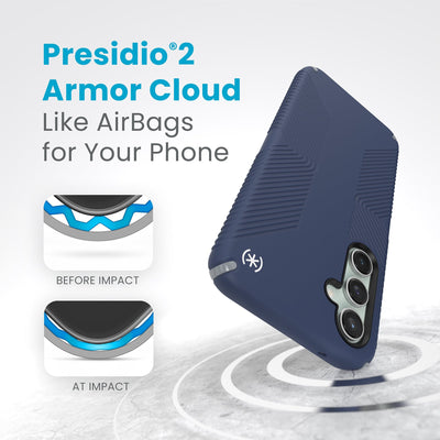 A case with phone inside hits a hard surface on the top corner. Diagrams show Armor Cloud case lining before and at impact. Text reads Presidio2 Armor Cloud. Like airbags for your phone. #color_coastal-blue-dust-grey