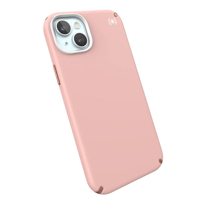 Tilted three-quarter angled view of back of phone case.#color_dahlia-pink-rose-copper