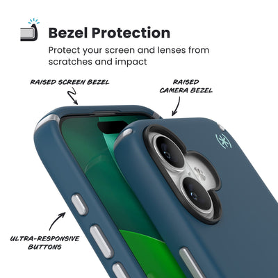 Raised bezels around phone screen and camera are highlighted. Text reads Bezel Protectection: Protect your screen and lenses from scratches and impact; Raised screen bezel; Raised camera bezel; Ultra-responsive buttons#color_deep-sea-silver-metallic