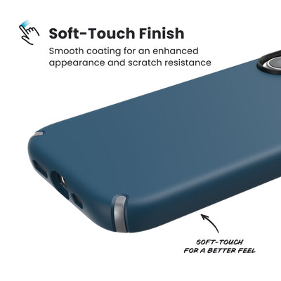 Close-up of the smooth exterior of the back and side of a phone case. Text reads Soft-Touch Finish: Smooth coating for an enhanced appearance and scratch resistance; Soft-touch for a better feel#color_deep-sea-silver-metallic