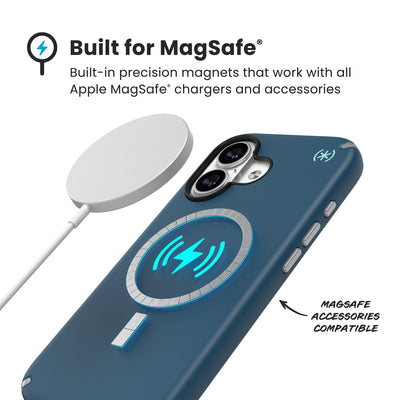 A MagSafe charger hovers over the back of the phone case. Text reads Built for MagSafe: Built-in precision magnets that work with all Apple MagSafe chargers and accessories; MagSafe accessories compatible#color_deep-sea-silver-metallic