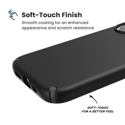 Close-up of the smooth exterior of the back and side of a phone case. Text reads Soft-Touch Finish: Smooth coating for an enhanced appearance and scratch resistance; Soft-touch for a better feel#color_black-slate-grey