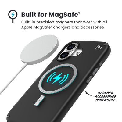 A MagSafe charger hovers over the back of the phone case. Text reads Built for MagSafe: Built-in precision magnets that work with all Apple MagSafe chargers and accessories; MagSafe accessories compatible#color_black-slate-grey