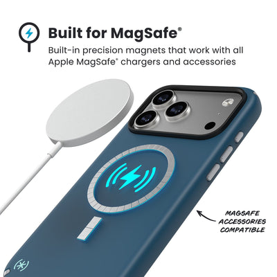 A MagSafe charger hovers over the back of the phone case. Text reads Built for MagSafe: Built-in precision magnets that work with all Apple MagSafe chargers and accessories; MagSafe accessories compatible#color_deep-sea-silver-metallic