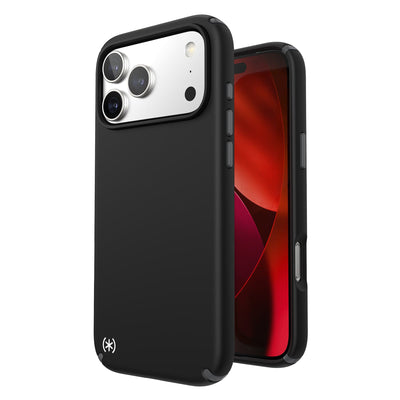Three-quarter view of back of phone case with phone inside shown over top of front view of phone case with phone inside#color_black-slate-grey