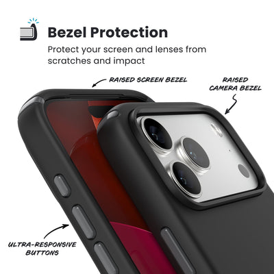 Raised bezels around phone screen and camera are highlighted. Text reads Bezel Protectection: Protect your screen and lenses from scratches and impact; Raised screen bezel; Raised camera bezel; Ultra-responsive buttons#color_black-slate-grey