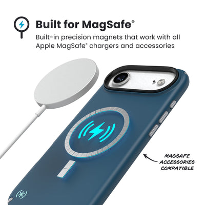 A MagSafe charger hovers over the back of the phone case. Text reads Built for MagSafe: Built-in precision magnets that work with all Apple MagSafe chargers and accessories; MagSafe accessories compatible#color_deep-sea-silver-metallic