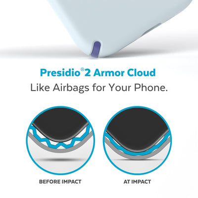 View of corner of phone case impacting ground with illustrations showing before and after impact - Presidio2 Armor Cloud, like airbags for your phone.#color_tear-blue-arctic-ocean