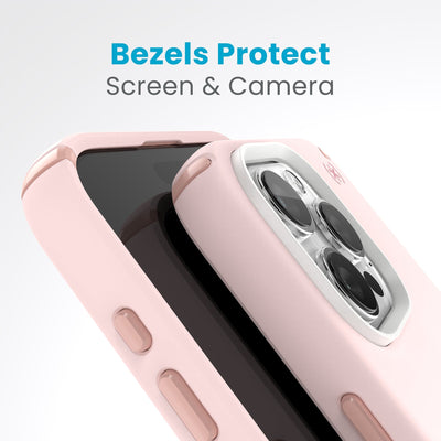 A case with phone inside with camera facing up is lying on top of a case with phone inside with screen facing up. Both are at a sharp angle clearly showing case's raised bezels around screen and camera. Text reads bezels protect screen and camera.#color_nimbus-pink-dahlia-pink