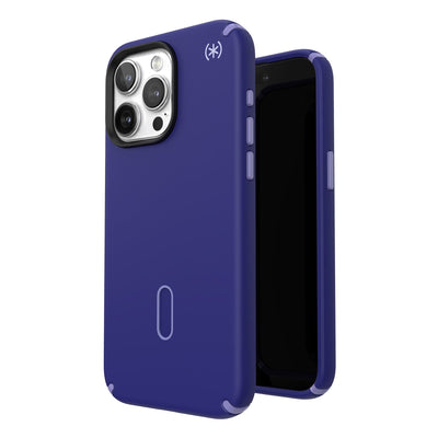 Three-quarter view of back of phone case simultaneously shown with three-quarter front view of phone case.#color_future-blue-purple-ink