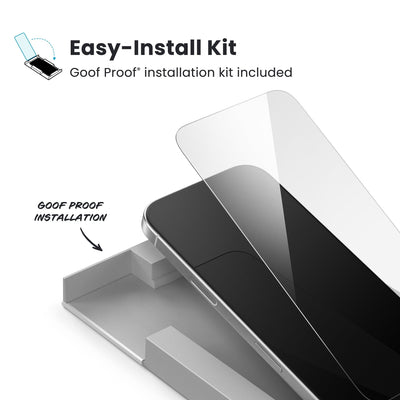 Illustration of installation of ShieldView Glass. Text reads easy-install kit; Goof Proof installation kit included#color_clear