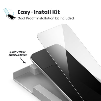 Illustration of installation of ShieldView Glass. Text reads easy-install kit; Goof Proof installation kit included#color_clear