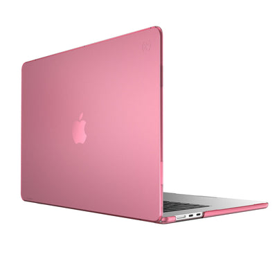 Three quarter view of the back of the MacBook with the laptop open.#color_cozy-pink