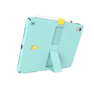 Three-quarter view of back of the case, using view stand formation.#color_glass-teal-deep-sea-blue-daisy-yellow
