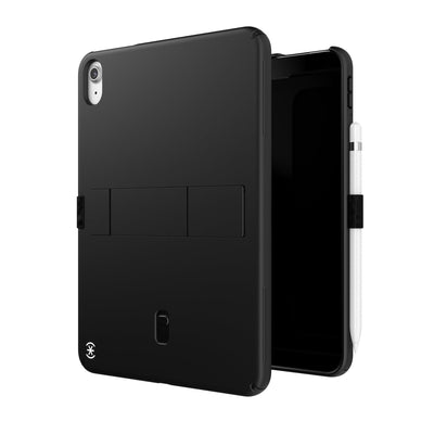 Three-quarter view of back of case simultaneously shown with three-quarter front view of case behind.#color_black-white