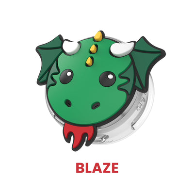 Three-quarter angled view of Tagimal Blaze, a green dragon - Blaze#color_blaze-milo-mittens-and-tink
