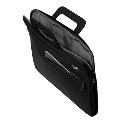 Three quarter view of the front of the sleeve from above with handles upright, sleeve open to show internal pouch, and zippered pocket open showing an object inside#color_black