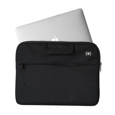 Straight on view of the front of the sleeve with handles down and a laptop half exposed#color_black