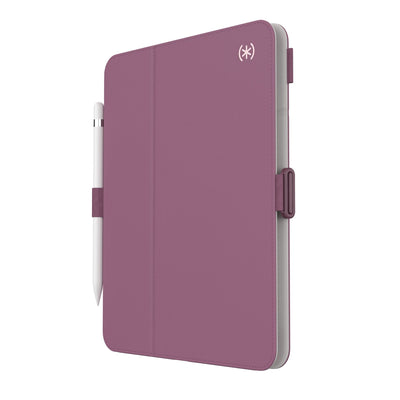 Three-quarter view of front of the case, with folio closed.#color_plumberry-purple-crushed-purple-crepe-pink
