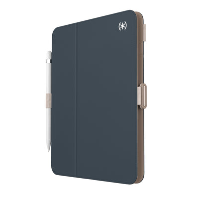 Three-quarter view of front of the case, with folio closed.#color_charcoal-mocha-almond-milk