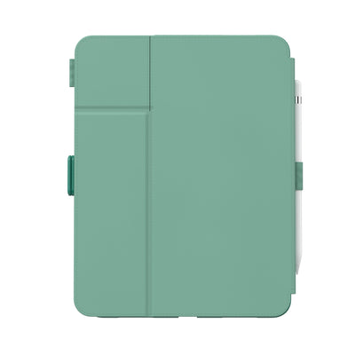 Straight-on view of the back of the case, with folio closed.#color_fluorite-green-eggshell-green
