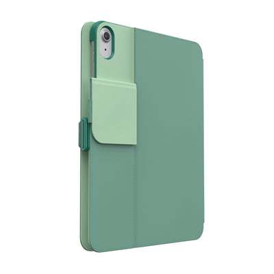 Three-quarter view of the back of the case, with folio closed and camera flap folded down.#color_fluorite-green-eggshell-green