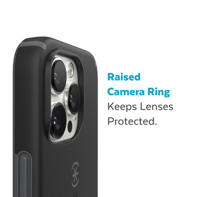 Slightly tilted view of side of phone case showing phone cameras - Raised camera ring keeps lenses protected.#color_black-slate-grey