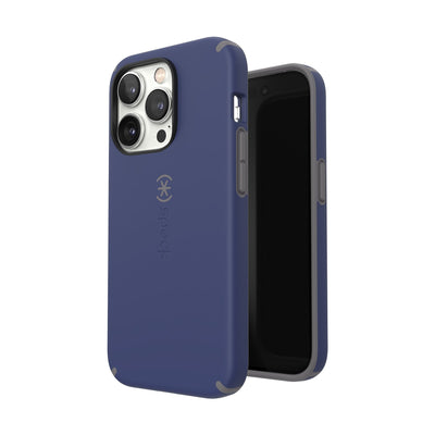 Three-quarter view of back of phone case simultaneously shown with three-quarter front view of phone case#color_prussian-blue-cloudy-grey