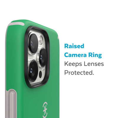 Slightly tilted view of side of phone case showing phone cameras - Raised camera ring keeps lenses protected.#color_renew-green-sweater-grey
