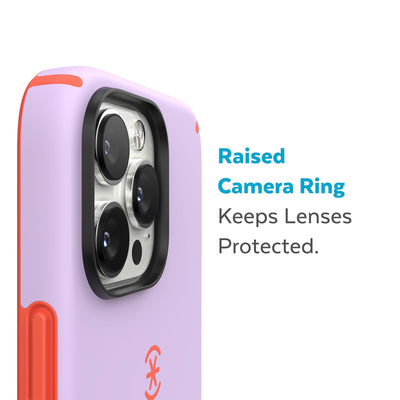 Slightly tilted view of side of phone case showing phone cameras - Raised camera ring keeps lenses protected.#color_spring-purple-energy-red