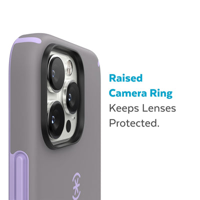Slightly tilted view of side of phone case showing phone cameras - Raised camera ring keeps lenses protected.#color_cloudy-grey-spring-purple